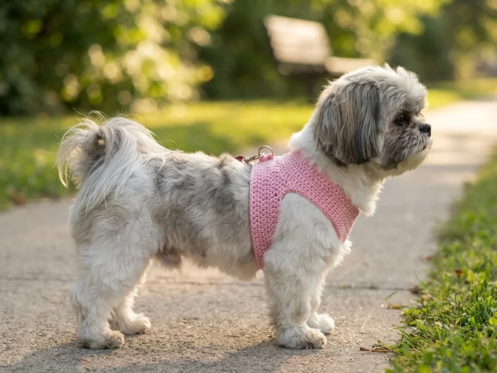 Small white and gray dog in profile outdoors wearing a wide pink crochet harness with a metal clasp on its back
