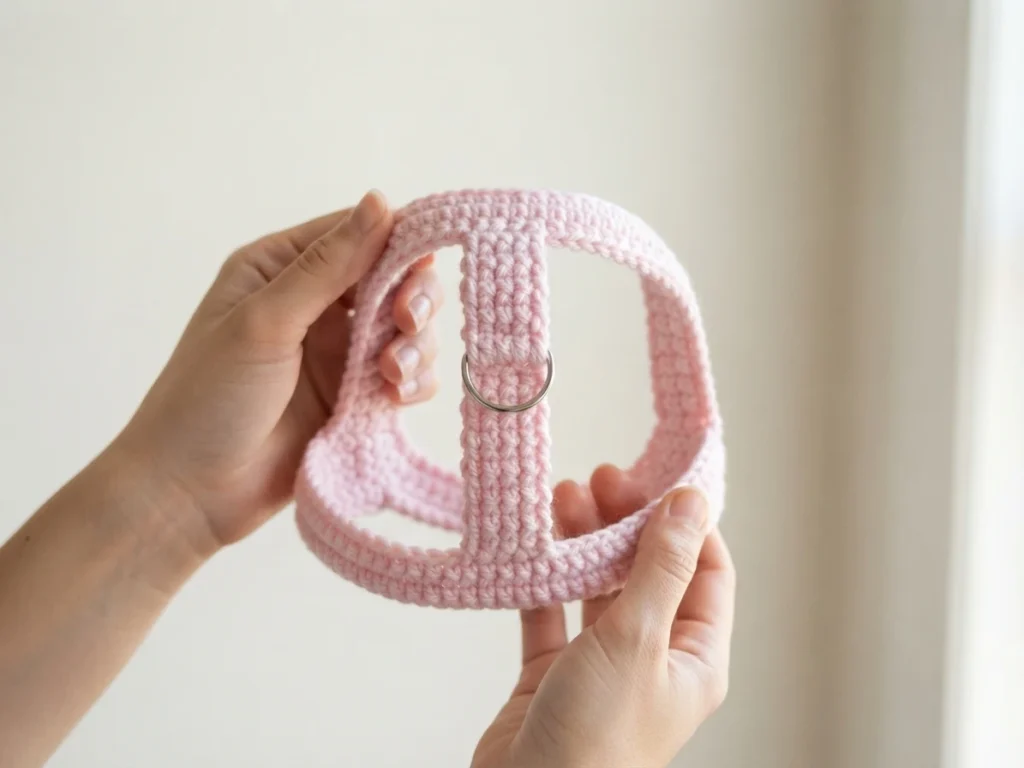 Hands holding a light pink crochet dog harness with a central strap and a metal ring