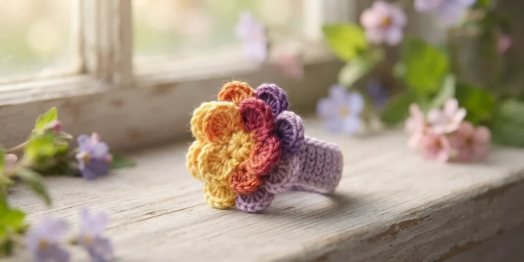 Crochet flower ring with yellow, orange, rose and purple petals and a lilac band, resting on a wooden windowsill beside small spring flowers.