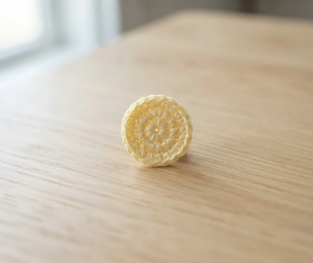 Small crocheted flower base in pale cream yarn standing on a wooden table
