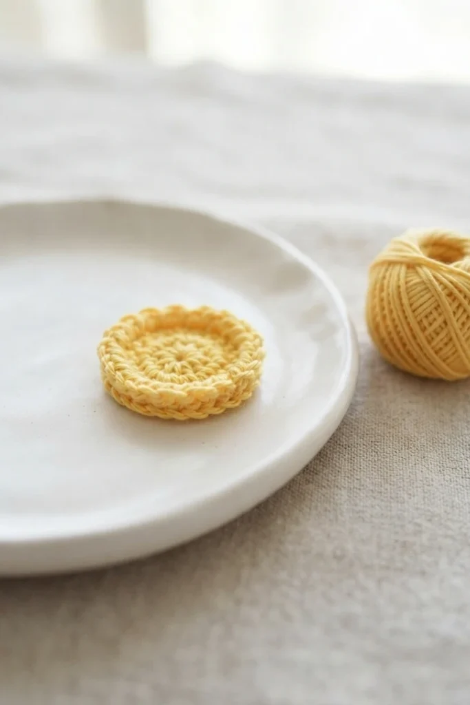 A small flat round yellow crocheted disc resting on a white plate next to a ball of yellow yarn.