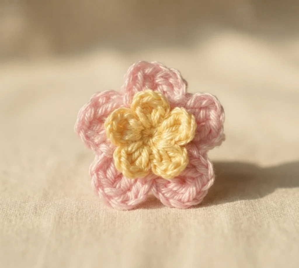 Two-layer crochet flower with pink outer petals and a raised yellow inner petal layer on light fabric