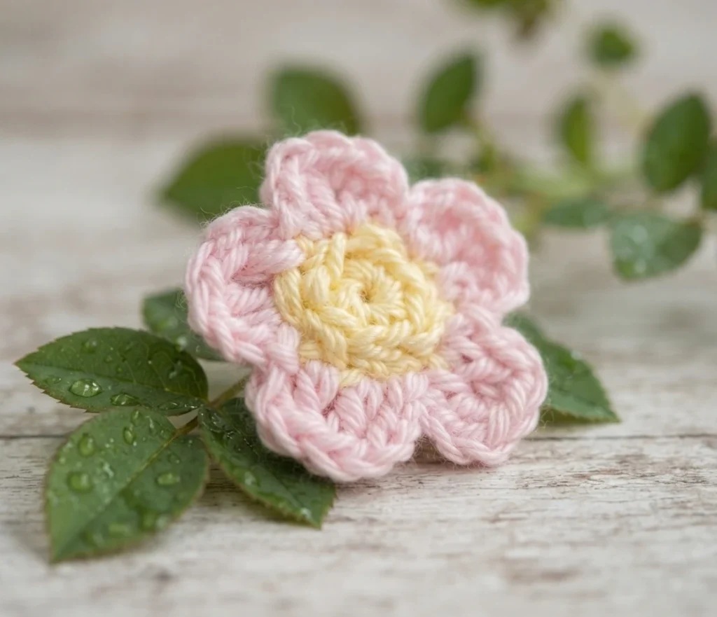 Small crocheted pink flower with a yellow center resting on green leaves on a wooden surface