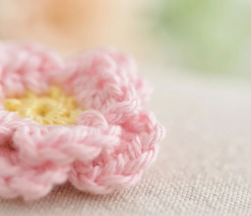 Close-up of a pink crochet flower with yellow center on light textured fabric