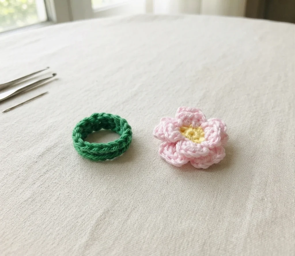 Green crochet ring and pink crochet flower with yellow center lying side by side before assembly on a light linen tablecloth, with crochet hooks in the background