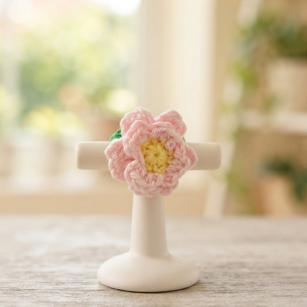 Crocheted flower ring with pink petals and a yellow center on a green band, displayed on a white ring stand.