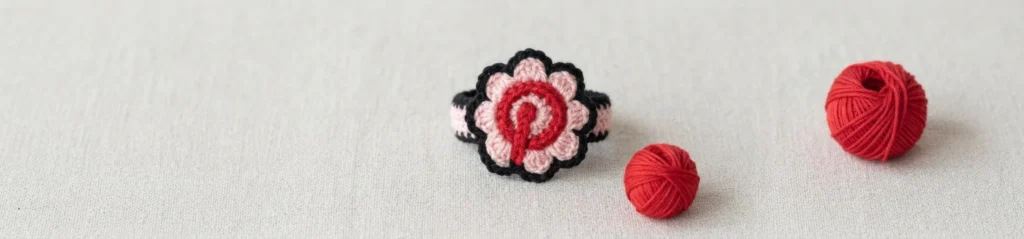 Crochet flower ring with pink petals, red center and black scalloped edging on a pink and black band, photographed beside two red balls of yarn on light fabric.