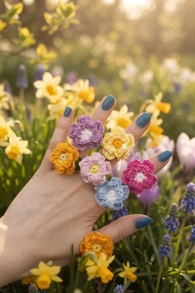 Hand with blue nail polish wearing colorful crocheted flower rings in a sunny spring garden