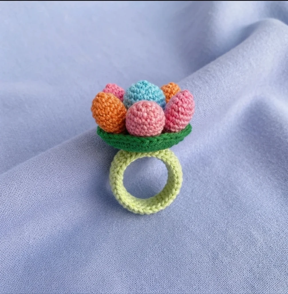 Crochet flower ring with a light green band topped by a green leaf cup holding orange, pink and blue flower buds.