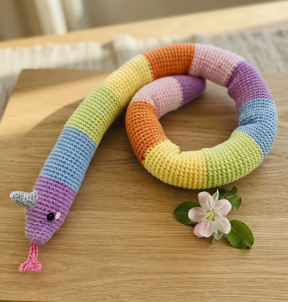 Rainbow-striped crocheted snake with a silver horn and pink forked tongue, coiled in a loop.