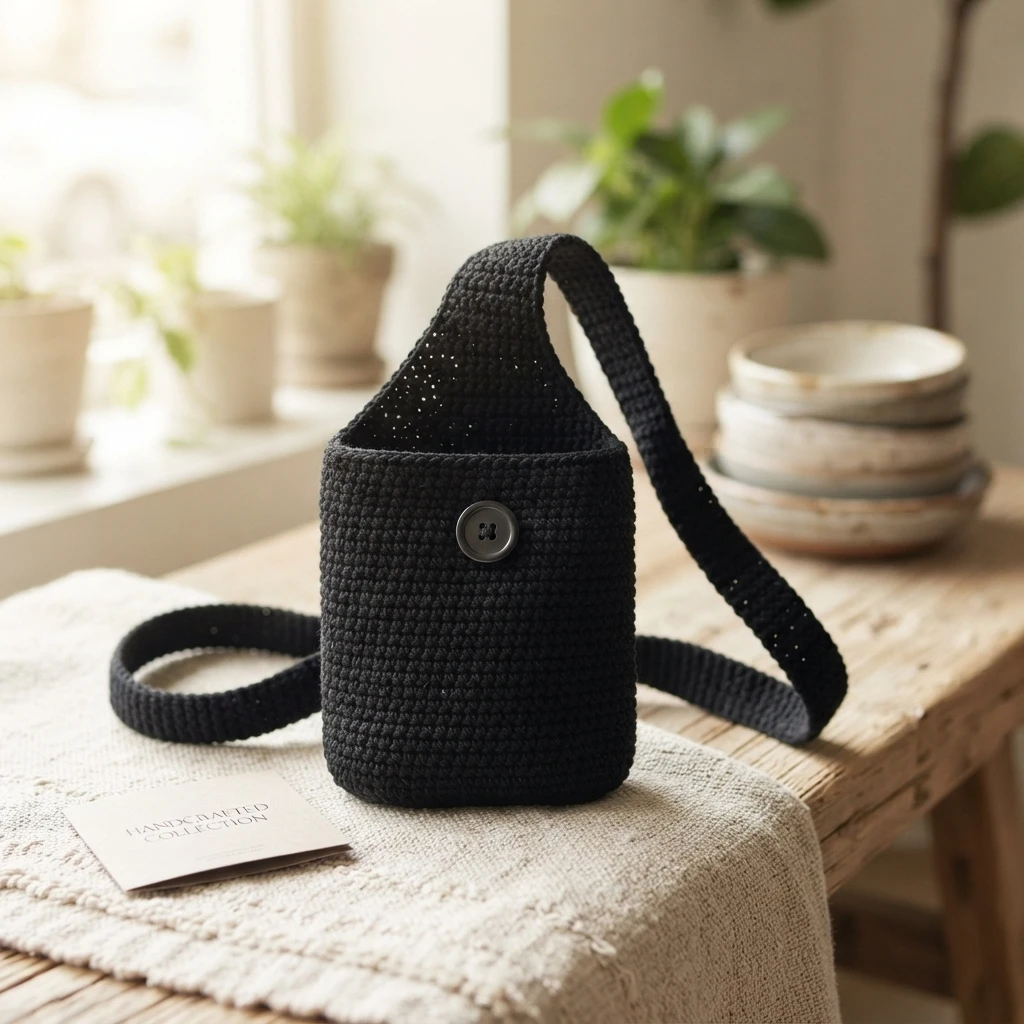 Black crocheted cross-body bag with a button and long strap, displayed on a table.