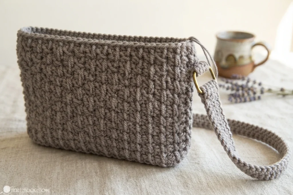 A taupe crocheted cross-body bag with a long strap and brass-colored rings rests on a wooden table beside a cup.