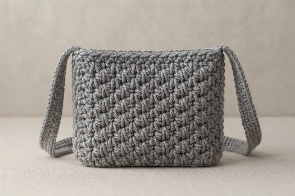Sac bandoulière au crochet gris uni, posé sur un fond clair.