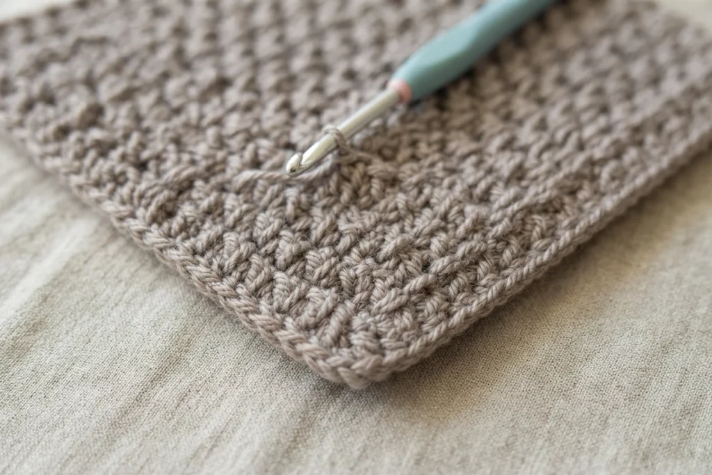 Close-up of beige crochet fabric with a pointed edge and a crochet hook working into the stitches.