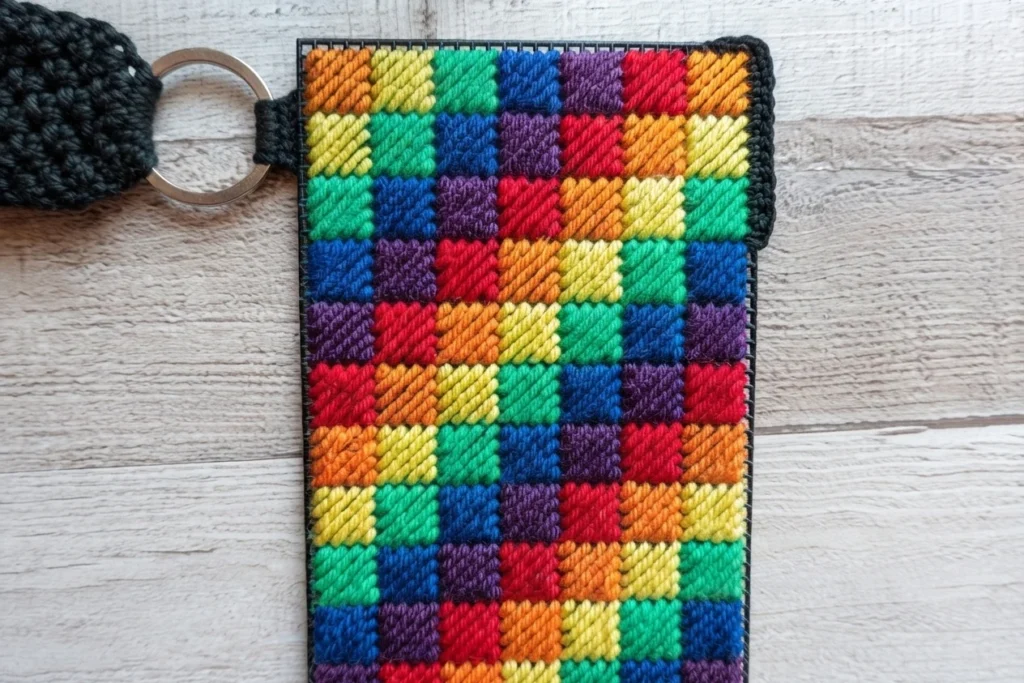 Panneau rectangulaire à carreaux de laine multicolores sur une toile noire, avec une bordure noire et une attache au bord supérieur, posé sur une surface en bois.