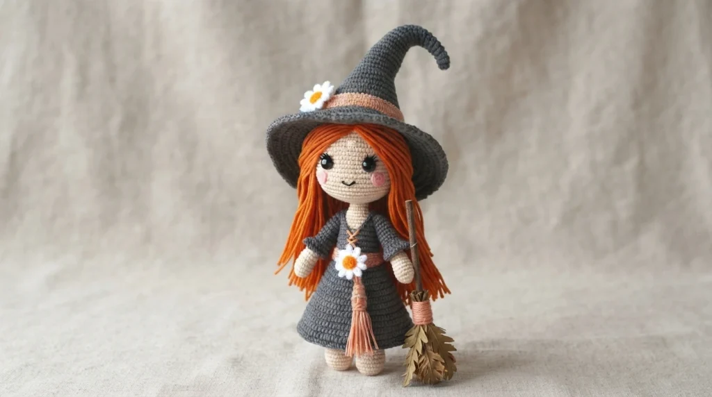 Crocheted witch doll with long orange hair, a grey pointed hat with a peach band and a small white daisy, a grey dress with a daisy at the waist and a hanging tassel, holding a small broom made of dried leaves with a wrapped handle, standin