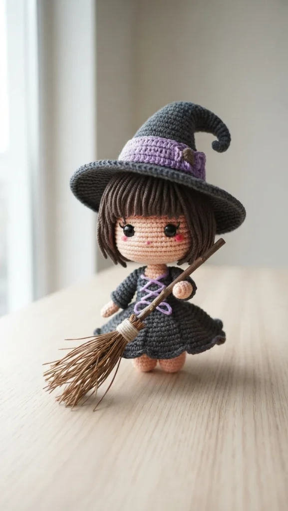 Crocheted witch doll with a grey dress, purple laced bodice and grey hat with a purple band, brown bob hair, holding a broom with a wrapped handle and dried bristles, standing on a light wooden surface.