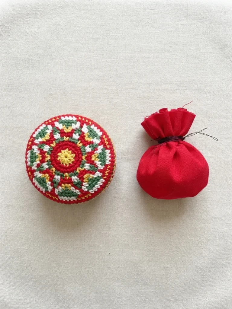 Colorwork crocheted round piece beside a small tied red fabric pouch