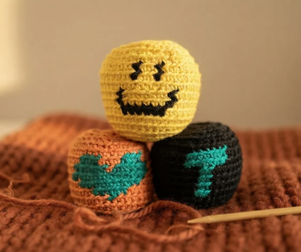 Three crocheted footbags stacked in a pyramid: a yellow one with a black smiling face on top, an orange one with a teal heart and a black one with a teal letter T below, resting on rust-colored knitted fabric with a wooden crochet hook besi