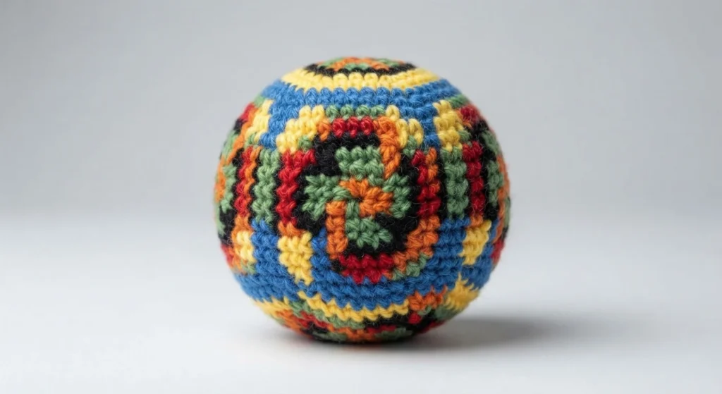 Colorful crocheted footbag ball with a multicolor geometric pattern, centered on a plain white background