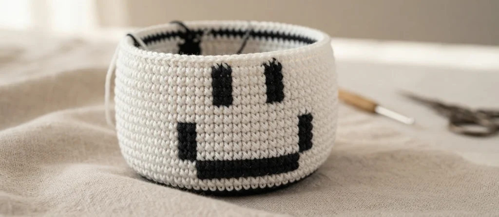 Unfinished white crocheted pouch with a black tapestry smiley face, photographed with a crochet hook and scissors in the background.