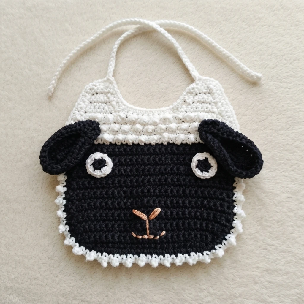 Black crochet lamb baby bib with textured white neck, black ears, white-trimmed eyes, and an embroidered brown nose and mouth