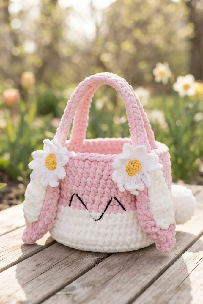 Crocheted pink and white bunny basket with floppy ears, white daisy appliques and an embroidered face.