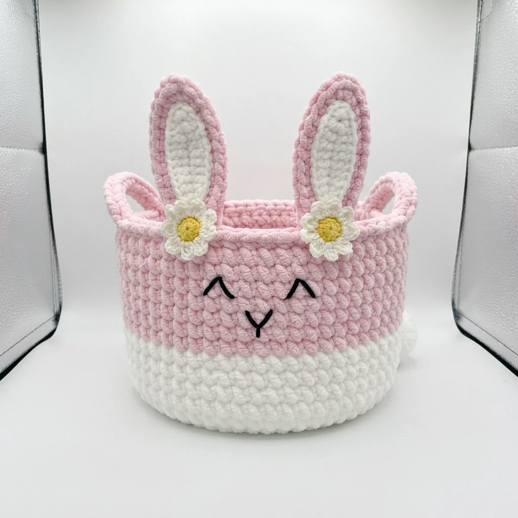 Crocheted pink and white bunny basket with upright ears, embroidered closed eyes and nose, and small white daisies with yellow centers.