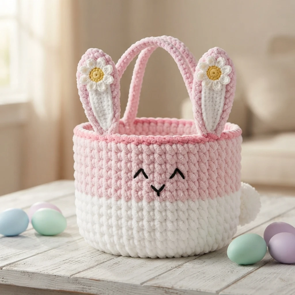 Crocheted pink and white bunny basket with upright ears, small white daisies, embroidered black face, pink handles and a white pom-pom tail, displayed on a light table with pastel Easter eggs.