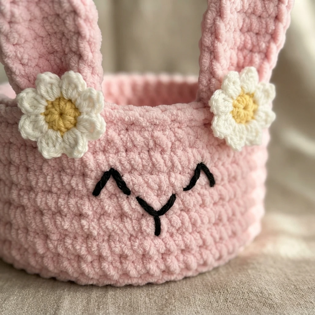 Pink crochet bunny basket with upright ears, two white daisy appliques with yellow centers at the base of the ears, and an embroidered black face with closed eyes and a small mouth.