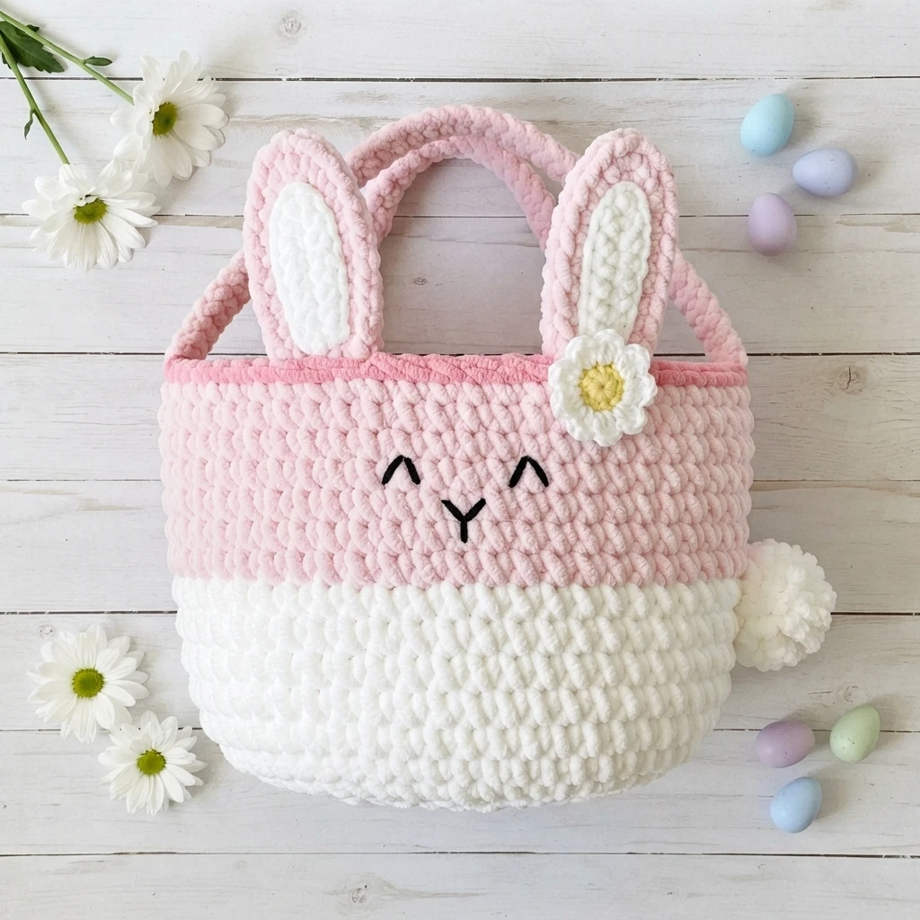 Crocheted pink and white Easter bunny basket with tall ears, embroidered smiling face, and a small white and yellow daisy on the rim, styled on whitewashed wood with fresh daisies and pastel Easter eggs.