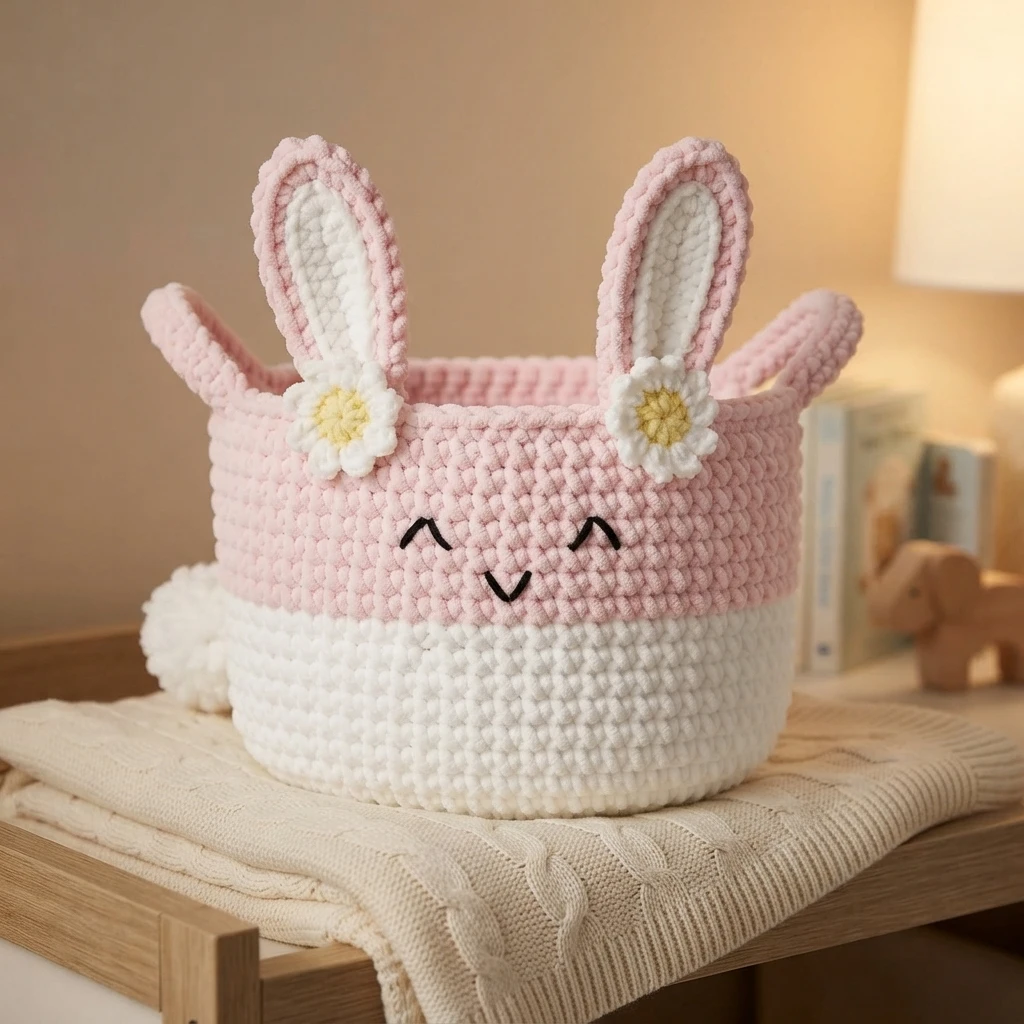 Pink and white crochet bunny basket with embroidered face, upright ears and two small daisies, resting on a folded blanket.