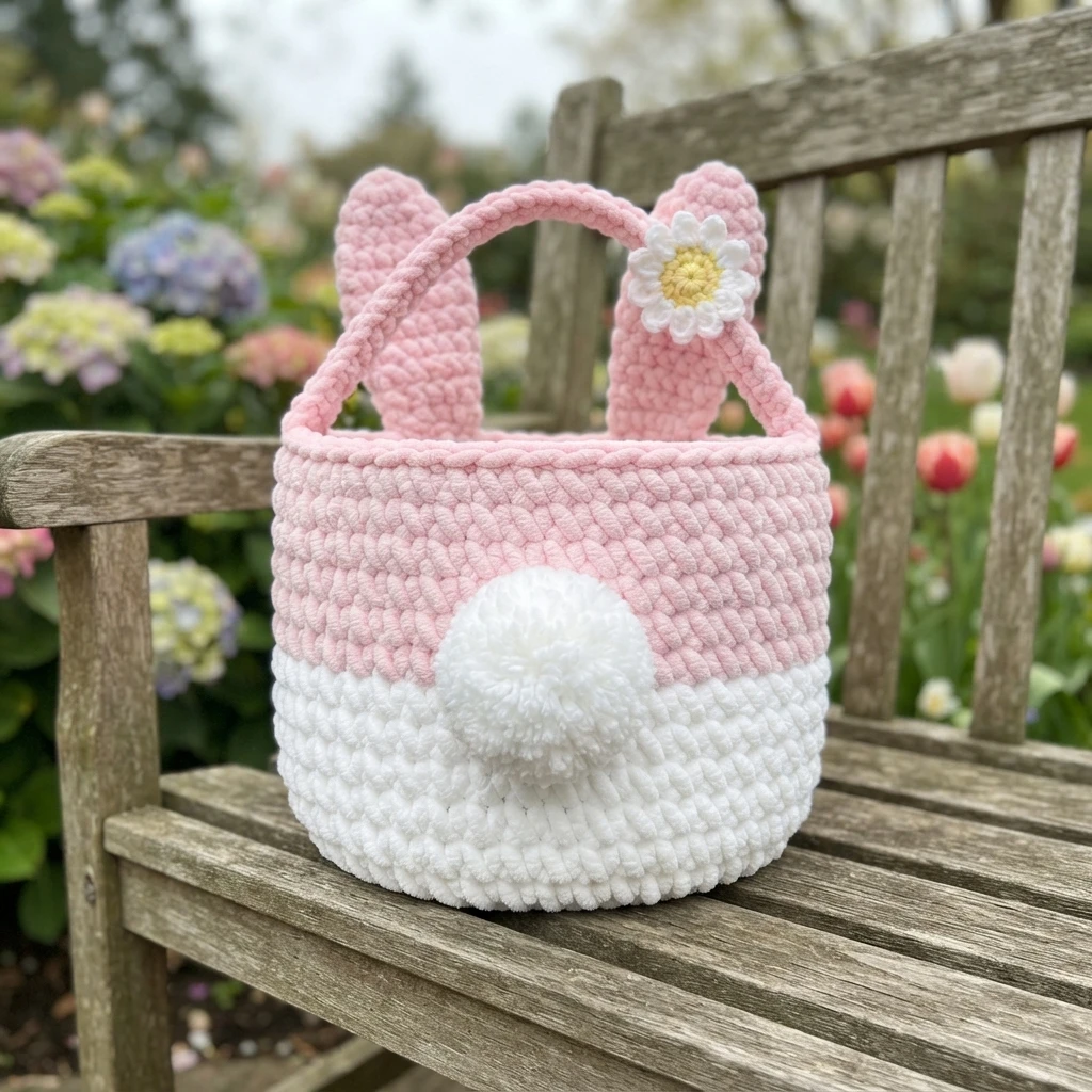 Crochet bunny basket in pink and white chunky yarn with tall ears, one daisy applique and a white pom pom tail, sitting on a wooden bench outdoors