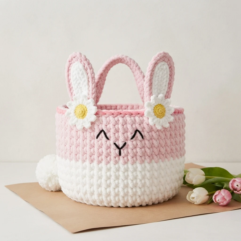 Pink and white crochet bunny basket with upright ears, white daisy appliques with yellow centers, embroidered face and pom pom tail, styled with tulips on kraft paper