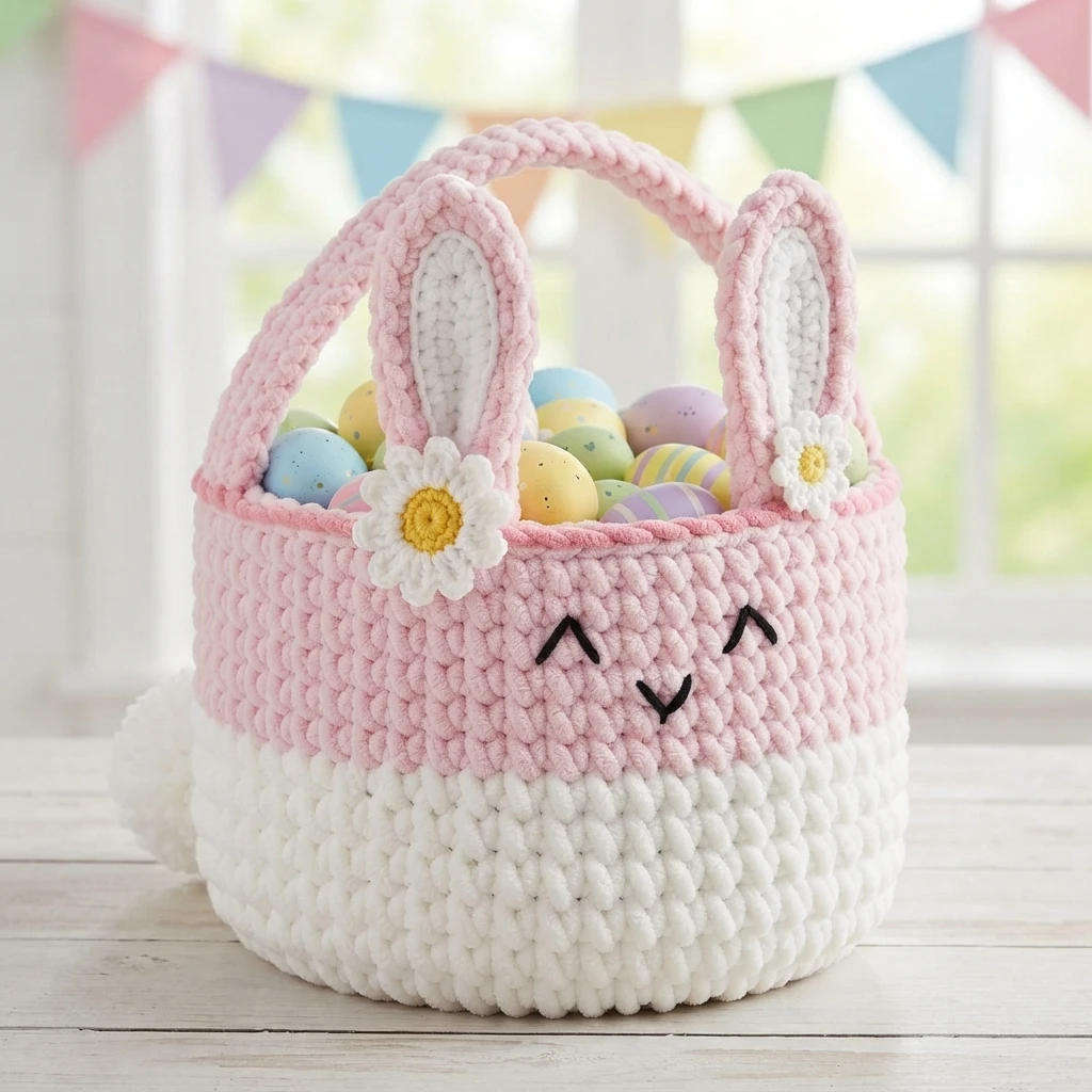 Pink and white crocheted bunny basket with upright ears, daisy accents, embroidered face, arched handle, side pom tail and pastel Easter eggs.