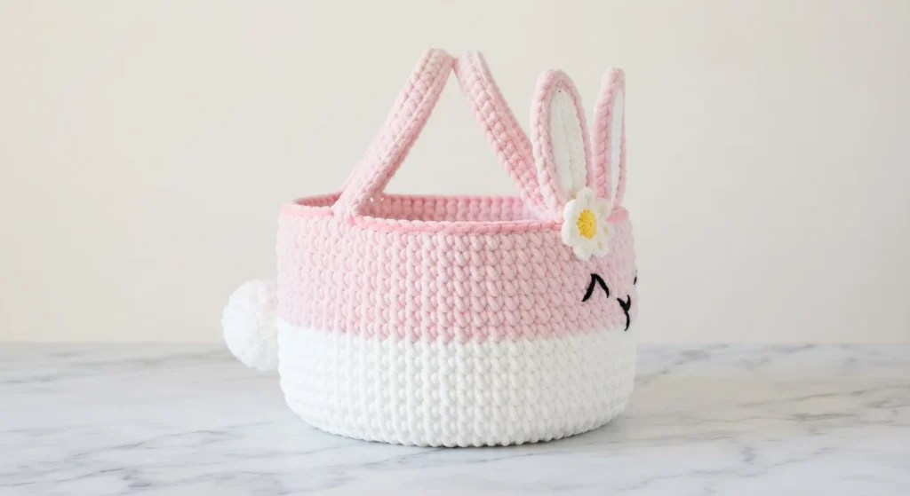 Pink and white crochet bunny basket with upright ears and a small daisy on a marble surface