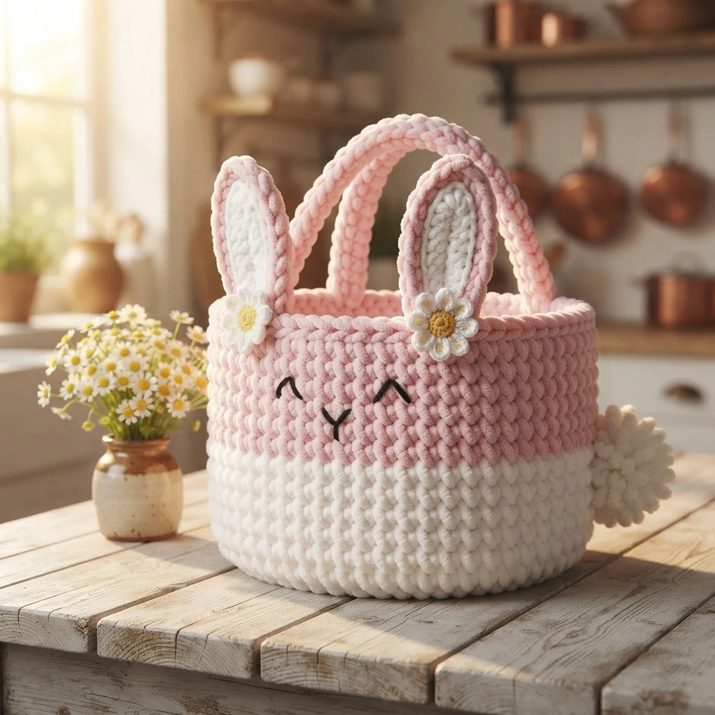 Crocheted bunny basket in pink and white yarn with upright ears, small daisy appliques and an embroidered face, on a wooden table in a kitchen.