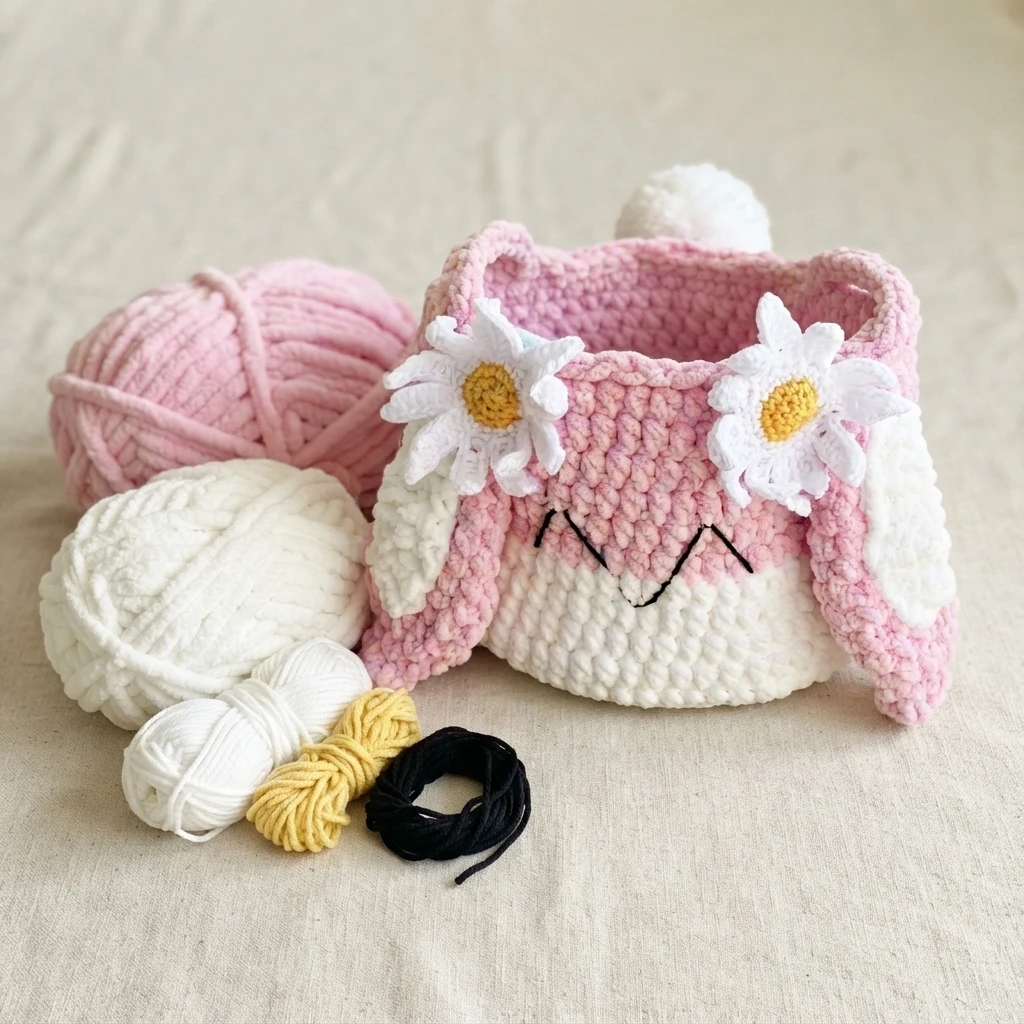 Pink and white crochet bunny basket with daisy flowers on the ears, styled with balls of pink, white, yellow and black yarn on light fabric