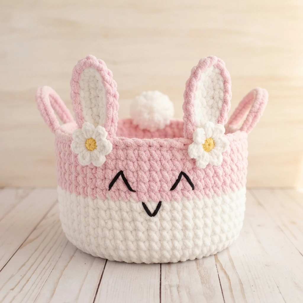 Pink and white crocheted bunny basket with upright ears, small white daisies on the ears, embroidered face, pink handles, and a white pom-pom tail at the back.