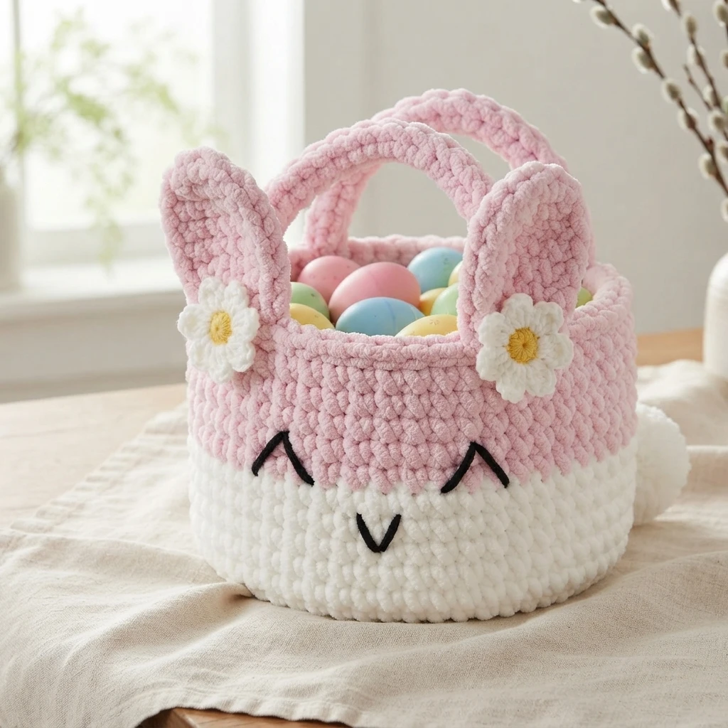 Pink and white crocheted bunny basket with upright ears, daisy appliques, embroidered closed eyes, filled with pastel Easter eggs on a linen cloth.