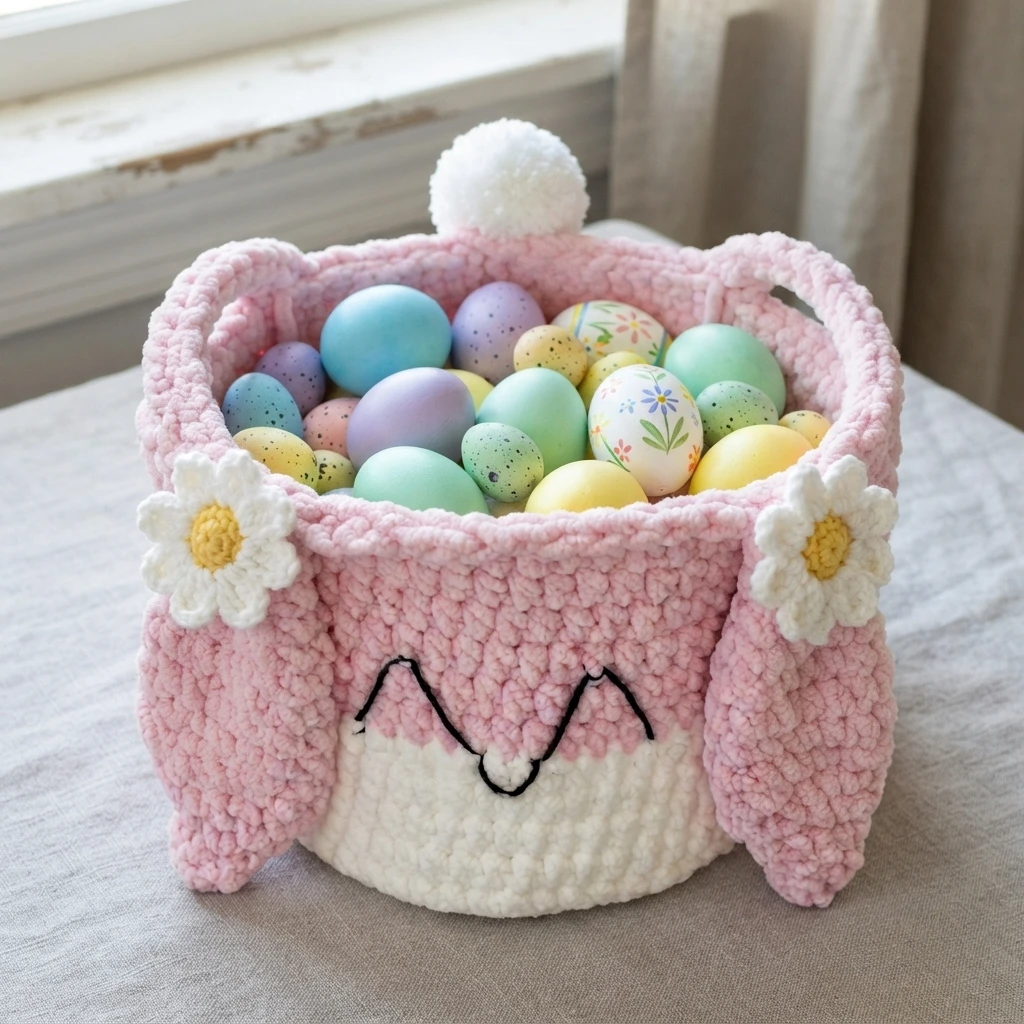 Crocheted pink and white bunny Easter basket with black stitched eyes, long ears with white daisies, and pastel decorated Easter eggs inside, with a white pom-pom tail at the back.