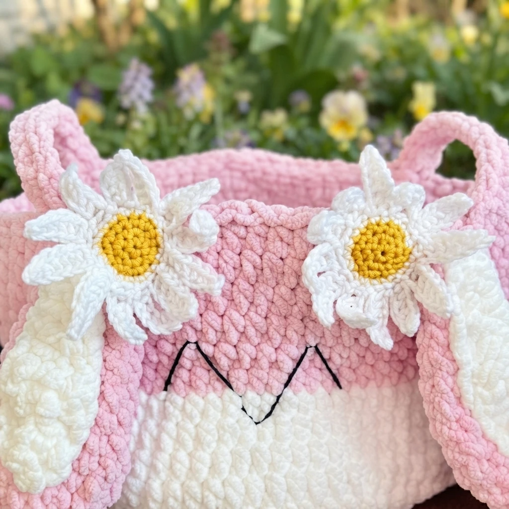 Close-up of the finished pink and white crochet bunny basket with white daisy flowers on its ears and a stitched black face, photographed outdoors among flowers.