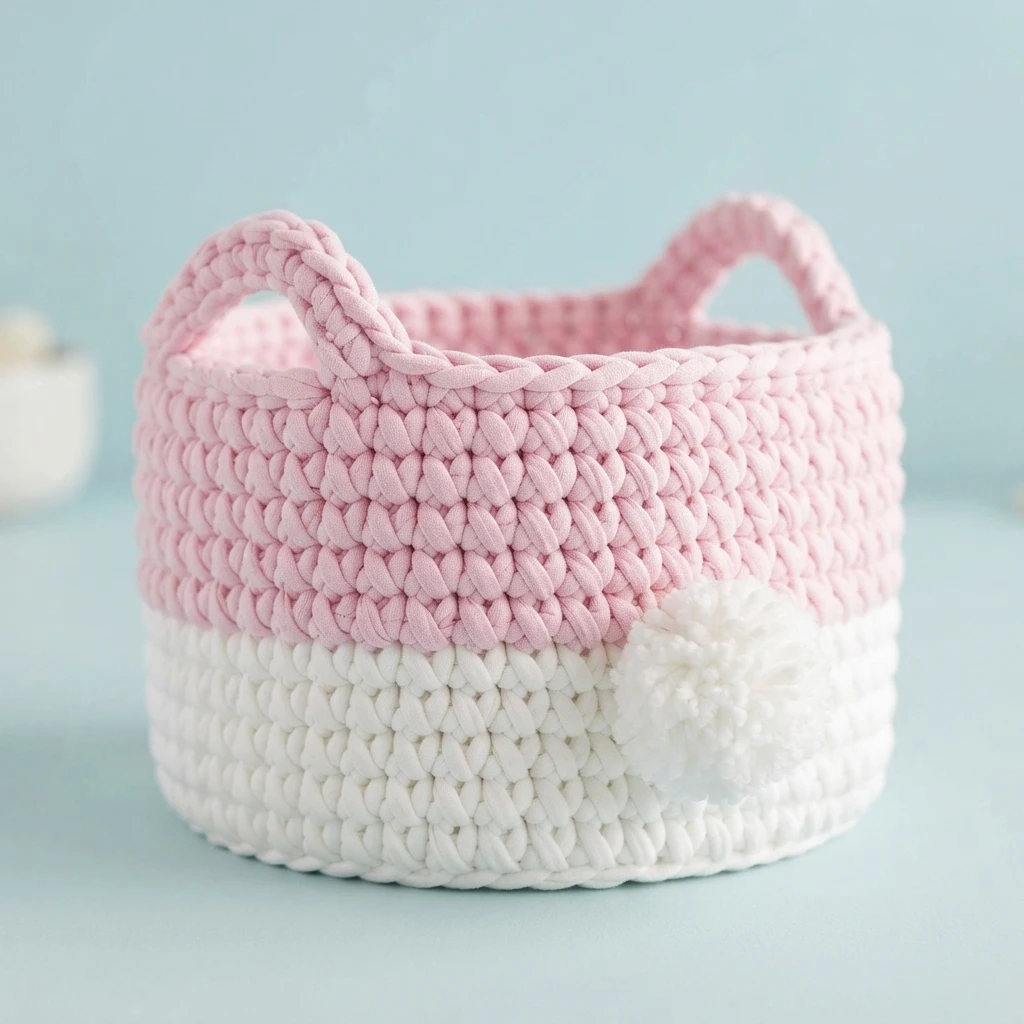 Pink and white crocheted basket with two handles and a white pom-pom tail.