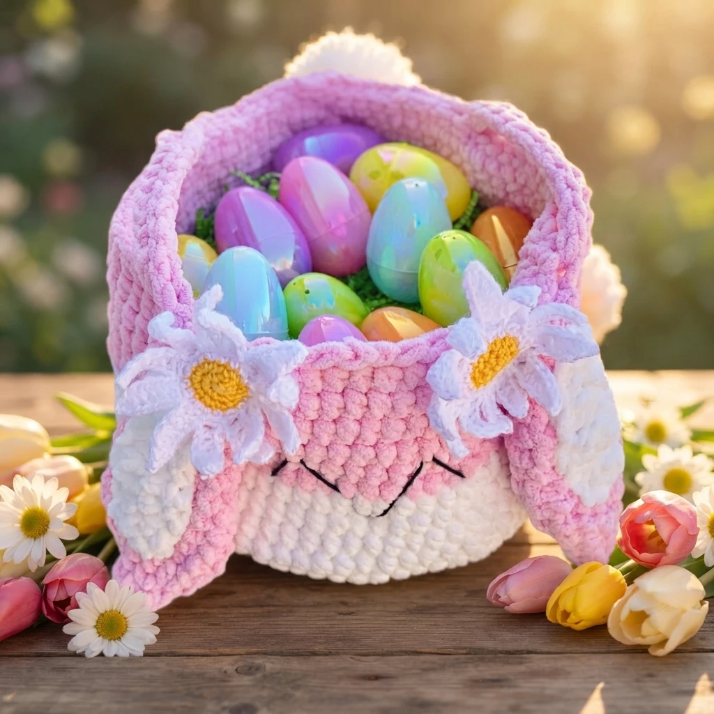 Pink and white crocheted bunny basket with daisy appliques on its ears, filled with colorful plastic Easter eggs, styled with tulips and daisies on a wooden table