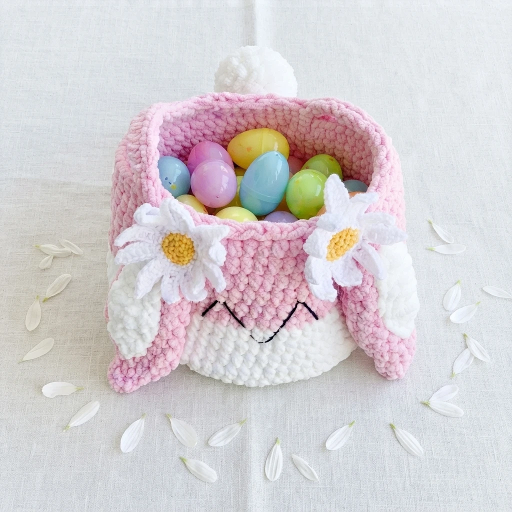 Pink and white crocheted bunny Easter basket with daisies on its ears, filled with pastel plastic eggs.