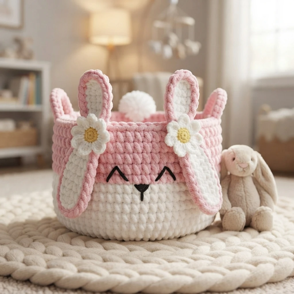 Pink and white crochet bunny basket with upright ears decorated with daisies, embroidered eyes and nose, sitting on a cream knitted rug beside a small plush bunny.