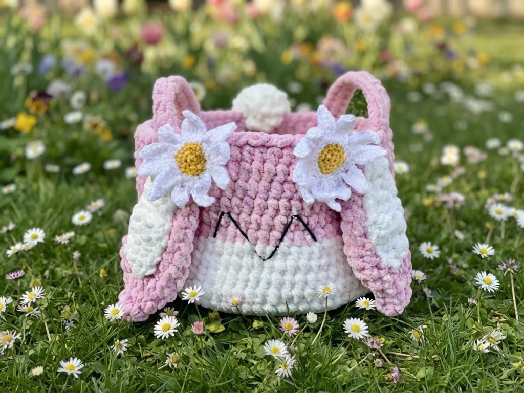 Crochet bunny basket in pink and white with long ears, embroidered face and two daisy flowers, photographed in a garden with daisies.