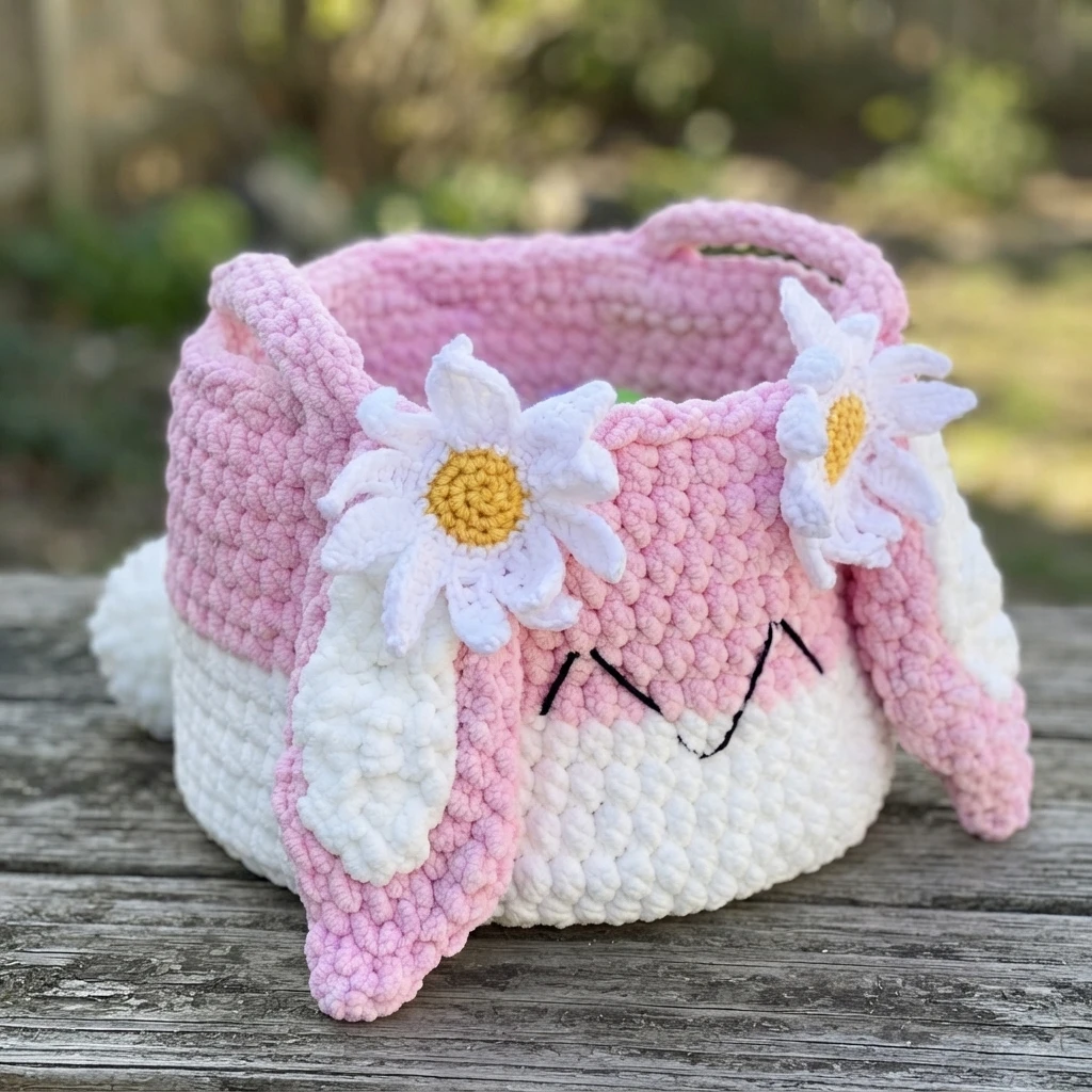 Pink and white crochet bunny basket with two white daisies with yellow centers, long floppy ears and an embroidered face, sitting on a wooden surface outdoors