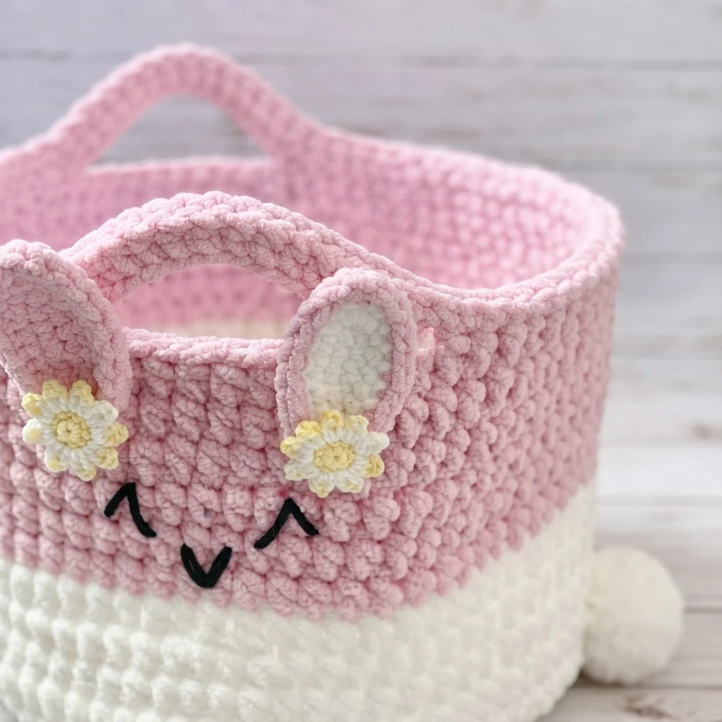 Pink and white crochet bunny basket with upright ears, small daisy flowers, embroidered face and a handle.
