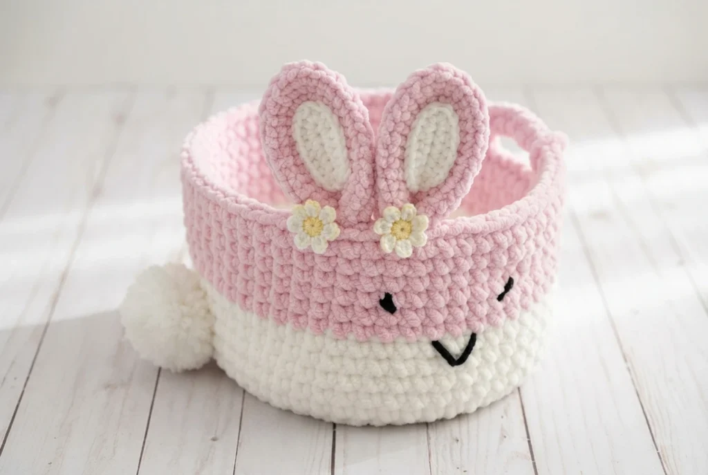 Pink and white crocheted bunny basket with upright ears, small daisy flowers and a white pompom tail on a light wooden surface.